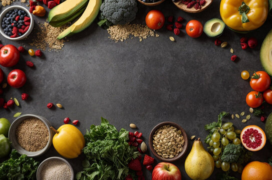 A variety of healthy foods on a black abstract background. Generative AI.