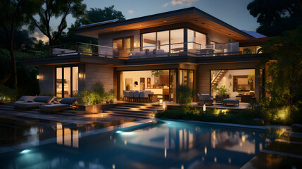 Fototapeta premium Exterior of beautiful modern house with solar panels on roof. Luxury villa with terrace and swimming pool