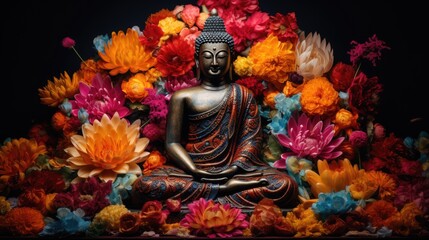 Buddha image, ancient Buddhism surrounded by flowers