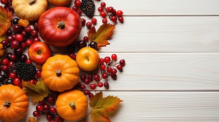 Festive autumn decor from pumpkins, berries and leaves on a white wooden background. Concept of Thanksgiving day or Halloween. Flat lay autumn composition with copy space