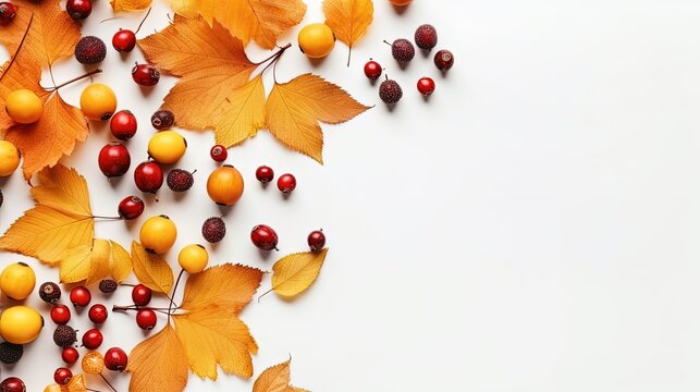 Autumn flat lay background on white backgrounds with leaves, frame leaflet style, copy space