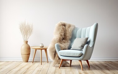 Cozy curved tufted wing chair with pillows in boho interior. Generative AI