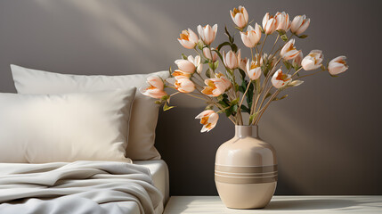 Flower vase on nightstand near beige bed. Art deco style interior design of modern bedroom