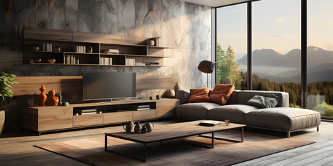 Gray sofa and tv unit in loft interior design of modern living room