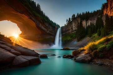 waterfall in the mountains at sun set