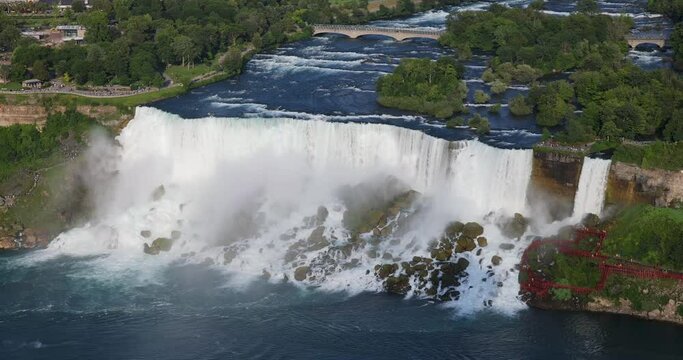 Panoramic, high angle, close-up view of the American falls and Niagara river in Niagara Falls, USA