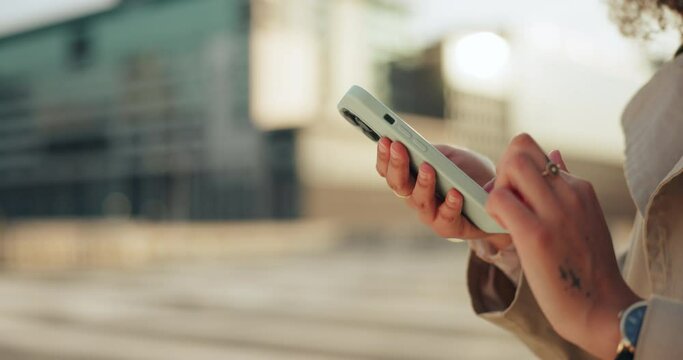 Phone, search and business woman in city street for location, text or communication closeup. Smartphone, app and lady entrepreneur outdoor with social media, chat or taxi, commute or service request