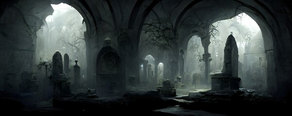environment vampire crypt Spooky atmosphere ethereal lighting 