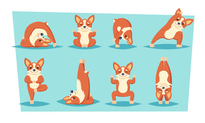 dog doing yoga. fitness funny happy animal dogs character, sport exercises pilates concept. vector cartoon characters.