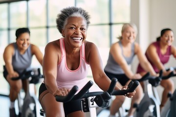 Group of women of different ages and races during cycling workout. Group fitness classes on...