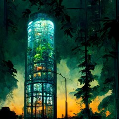 cyberpunk tower containing massive greenhouse temperate forest bushes trees glass window realistic ink and watercolors  - obrazy, fototapety, plakaty