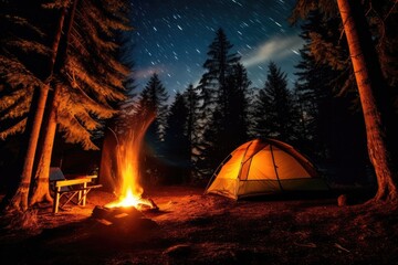 tent in the forest and a fire under the stars