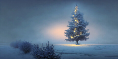 A lonely illuminated fir tree on a snow-covered field at night. Winter snowy shiny blurred backdrop. Copy space. Generative AI	
