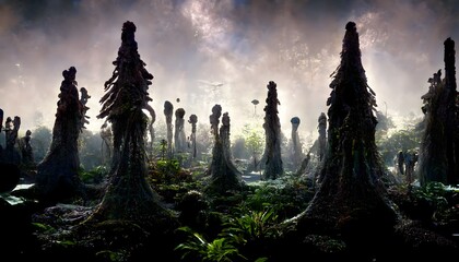 eden technology alien forest panorama Biomimetics technological metalic rocks biomimetics artificial trees and birds myst wide shot dramatic volumetric light particles ultra realistic realistic CGI  - obrazy, fototapety, plakaty