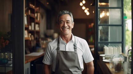 Portrait of a distinguished mature Asian man standing at the entrance of his traditional bookstore. His poised demeanor speaks of years of dedication and pride in his craft. Generative ai. - Powered by Adobe