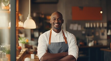 Portrait of a distinguished mature black man standing confidently outside his coffee shop. With a welcoming smile, he eagerly awaits his customers, embodying years of dedication  in his community