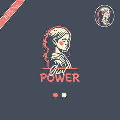 Woman's face logo design template.
Female power, colorful, girl logo, village girl, vintage retro style vector illustration.