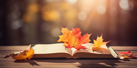 Naklejka na ściany i meble Open Book and Autumn Leaves