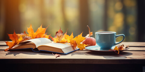 Naklejka na ściany i meble Cup of Coffee or Tea, Open Book, Fallen Autumn Leaves and Pumpkin on a wooden table outdoor