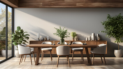 Minimalist interior design of modern dining room with wooden table and chairs - obrazy, fototapety, plakaty