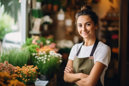 Portrait of cheerful woman standing in her flower shop. Smiley young saleswoman is waiting for customers of the flower shop. She standing at the entrance and looking at camera.