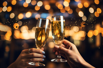 Two people raise champagne glasses with their hands on a blurred background