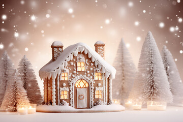 Fototapeta premium Christmas gingerbread house with icing on a blurred background 5