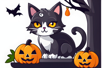 A cute Halloween cat and pumpkin. Generative AI
