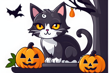 Fototapeta premium A cute Halloween cat and pumpkin. Generative AI