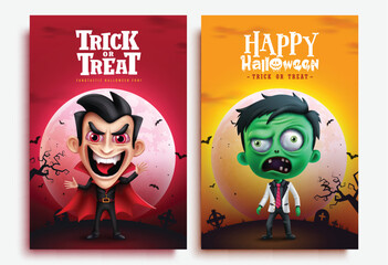 Happy halloween text vector poster set design. Halloween trick or treat invitation greeting card with vampire and zombie characters in full moon background. Vector illustration invitation card tags  - obrazy, fototapety, plakaty