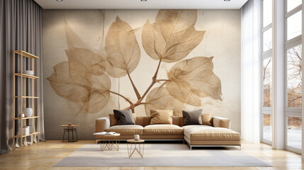 Golden leaves on a beige textured wall