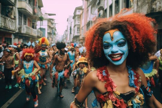 Carnival parade on the street in Rio de Janeiro , Brazilian Carnival ,Generative AI