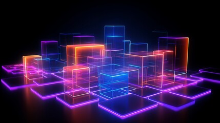 vibrant 3D rendered abstract glass shapes on black background - neon lights, futuristic technology design
