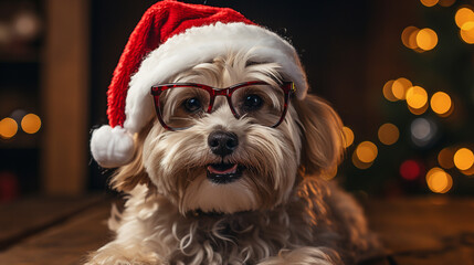 Family pet dog indoors at Christmas time surrounded by festive decorations