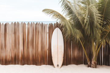 Surfboard near a wooden fence on the beach. - obrazy, fototapety, plakaty