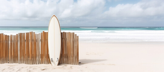 Surfboard near a wooden fence on the beach.