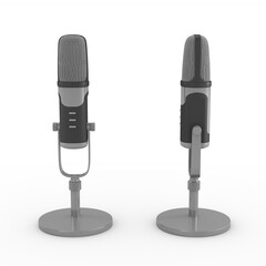 Isolated microphone on white background. 3D rendering. Front and left view.