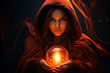 Fortune teller woman with a magical crystal ball - obrazy, fototapety, plakaty