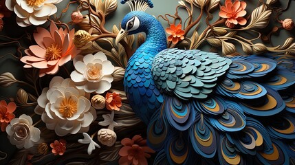 Luxury Flowers with Peacock Illustration Background. 3D Interior Mural Painting and wall art Decor

