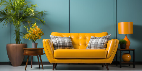 Orange loveseat sofa and barrel chair against of blue yellow wall. Mid century interior design of modern living room - obrazy, fototapety, plakaty