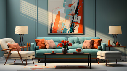  Pop art style interior design of modern living room with two beige sofas - obrazy, fototapety, plakaty