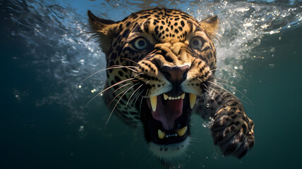 leopardo sumergido y nadando en el agua