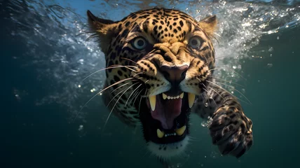 Photo sur Plexiglas Léopard leopardo sumergido y nadando en el agua