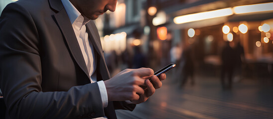 Business man in a suit watching smart mobile phone device in city outdoors - obrazy, fototapety, plakaty