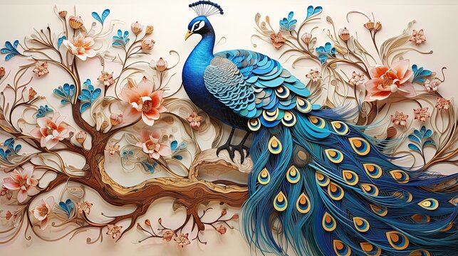 3d modern interior mural painting wall art decor abstraction wallpaper with blue, dark green and golden tropical leaf branches and flowers with feathers peacock bird

