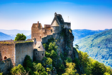 Fototapeta na wymiar The Famous Castle Ruins of Aggstein on a Cliff above the River Danube in Wachau, Austria