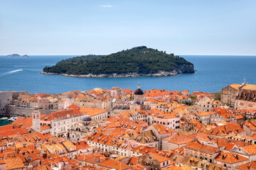 View of the Old City of Dubrovnik, Croatia, with the Island Lokrum and Dubrovnik Cathedral