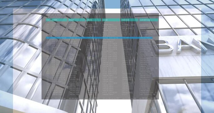 Animation of computer interface over bank text on modern building against sky