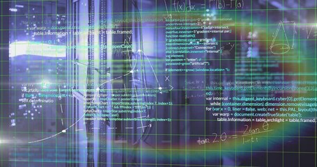 Animation of computer language and mathematical equations and diagrams over server room - Powered by Adobe