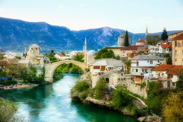 Fotobehang Stari Most The Famous Old Bridge (Stari Most) Crossing the River Neretva in Mostar, Bosnia and Herzegovina